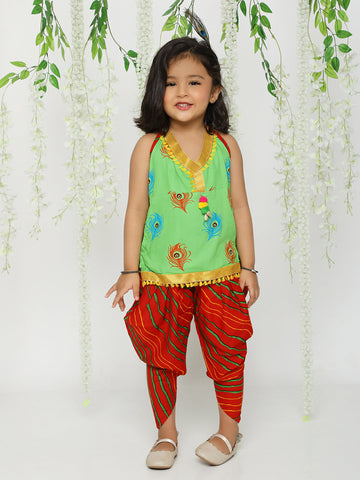 KID1 Mor Pankh Halter Neck Kurti Dhoti Green