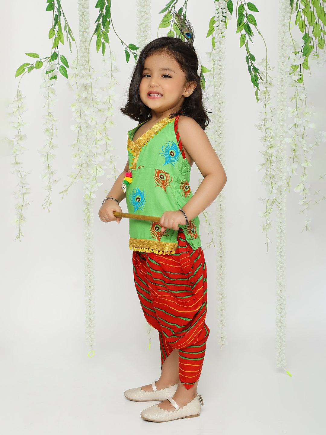 KID1 Mor Pankh Halter Neck Kurti Dhoti Green