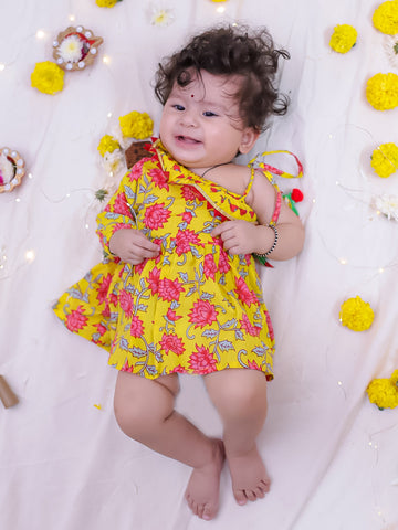 KID1 Floral Frilly Short Frock Yellow