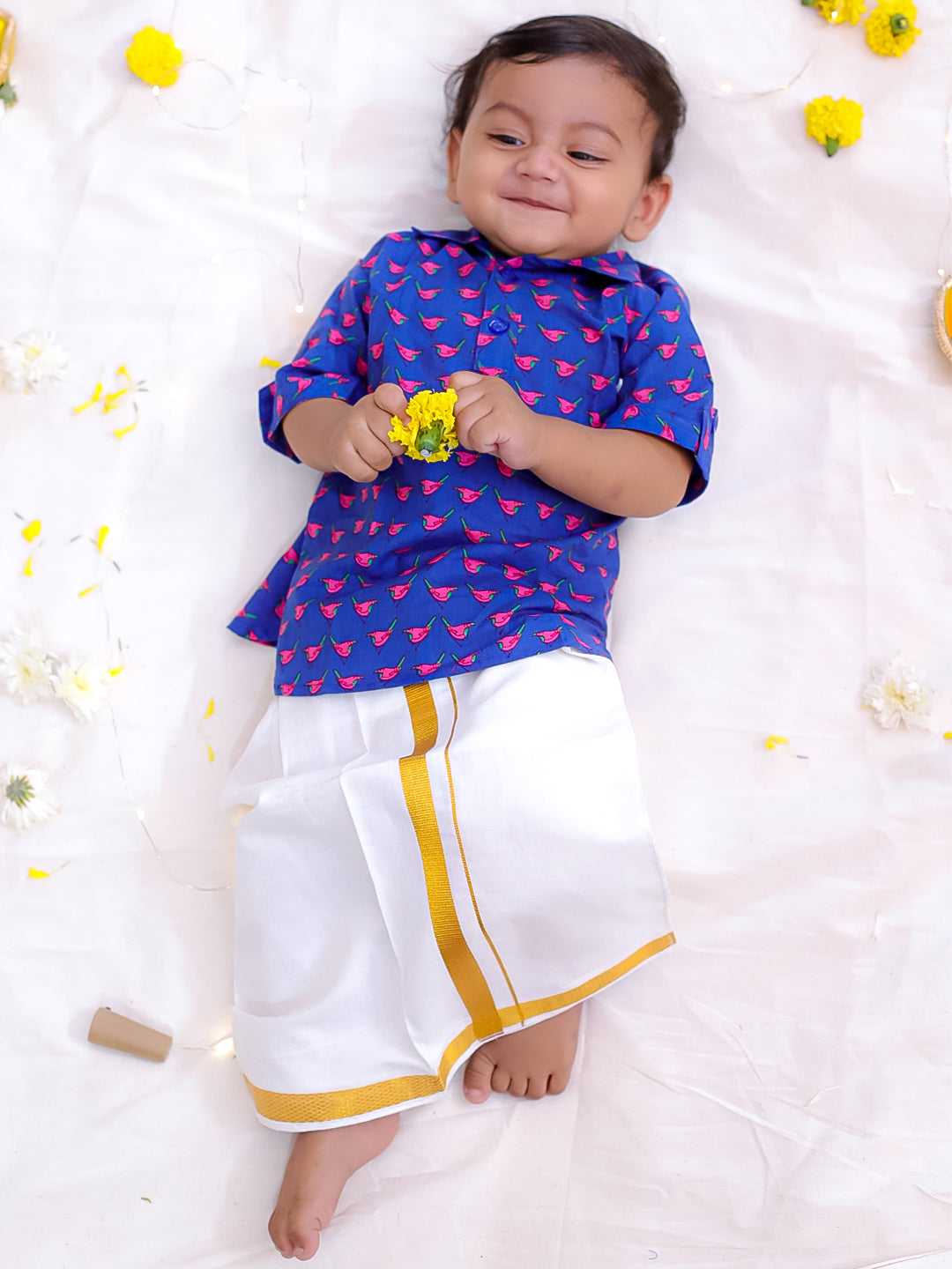 KID1 Chirpy Bird Shirt Kurta with Lungi Blue