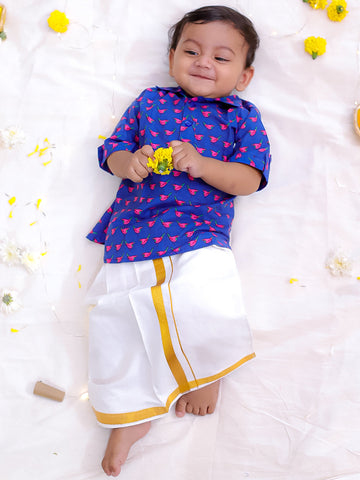 KID1 Chirpy Bird Shirt Kurta with Lungi Blue