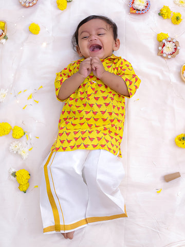 KID1 Chirpy Bird Shirt Kurta with Lungi Yellow