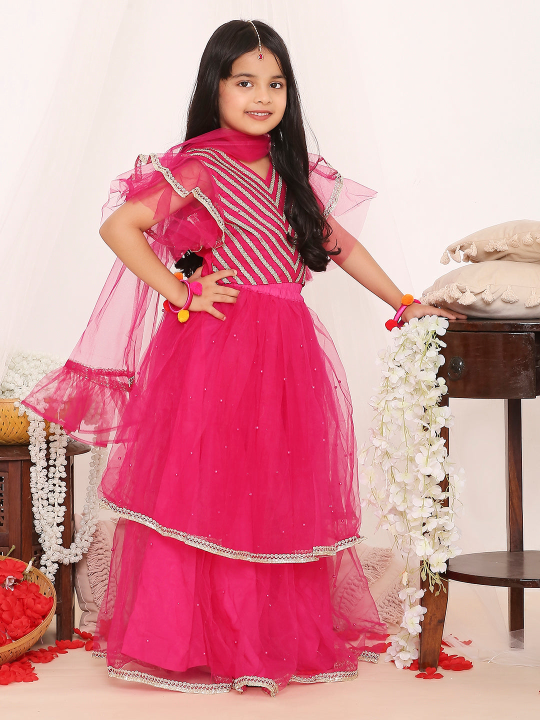 KID1 Liza Net Frill Lehenga Choli Pink