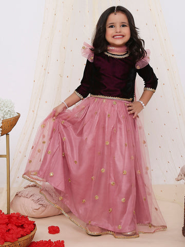 KID1 Ruhi Velvet Choli With Sequin Net Lehenga And Dupatta Purple