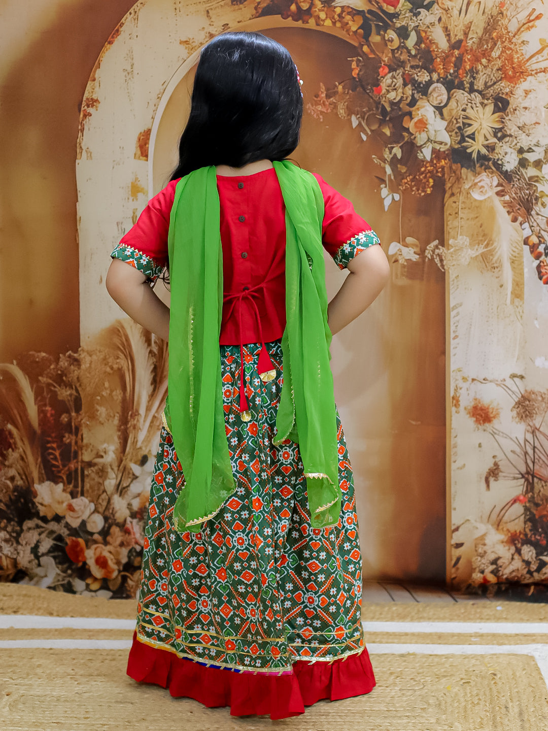 KID1 Pari Patola Lehenga Choli For Girls With Prince Patola Kurta Dhoti For Boys - Red & Green