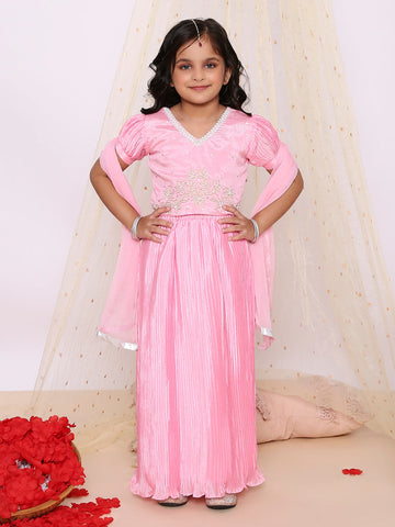 KID1 Pearl Embroidered Choli with Pleated Silk Lehenga and Dupatta  Pink