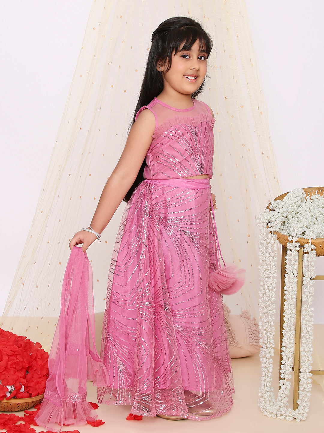 Starlet Choli With Sequins Net Lehenga And Dupatta Pink