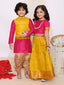 KID1 Jacquard Pattu Pavdai For Girls With Attached Jacket Kurta Set For Boys - Pink