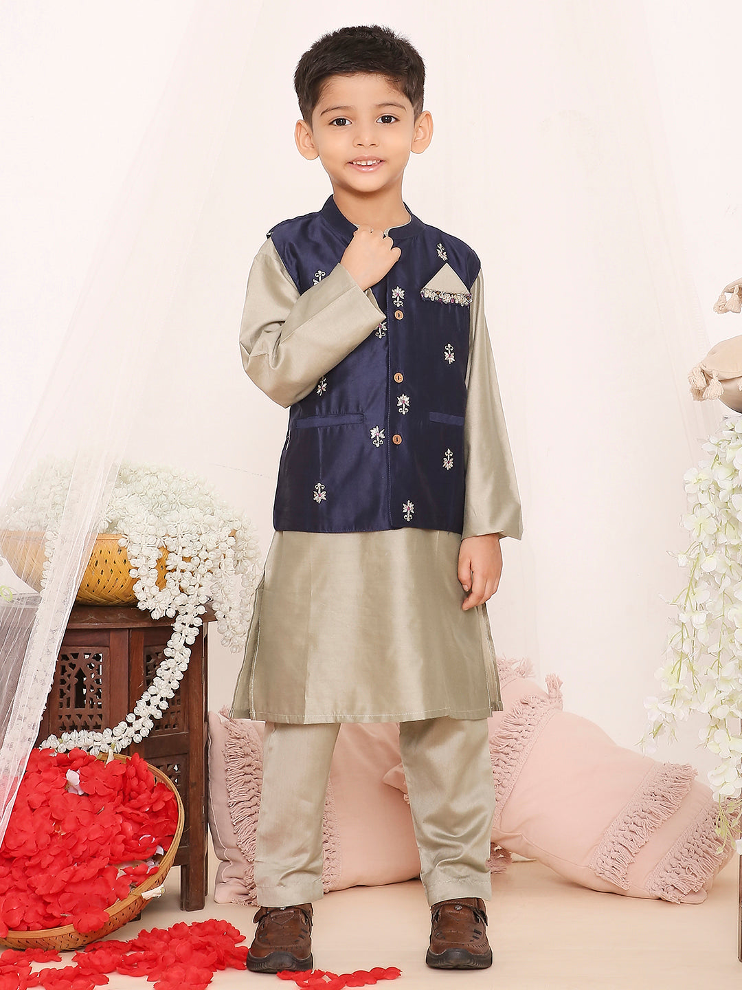 KID1 Embroidered Festive Jacket Kurta Pyjama Blue
