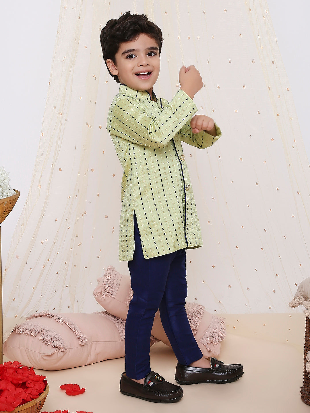 KID1 Front Open Kurta Pyjama Green
