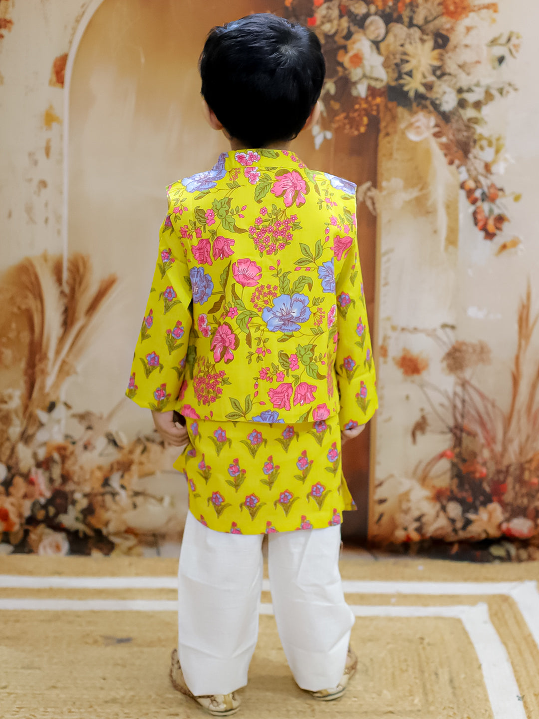 KID1 Buti-Jaal Kurti Sharara Set For Girls With Asmi Jacket Kurta Pyjama Set For Boys - Yellow