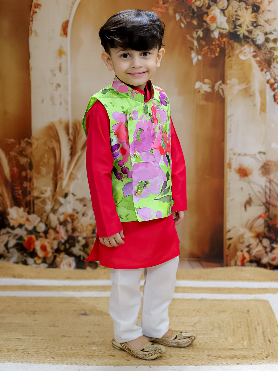 KID1 Spring Floral Jacket Kurta Pyjama Red
