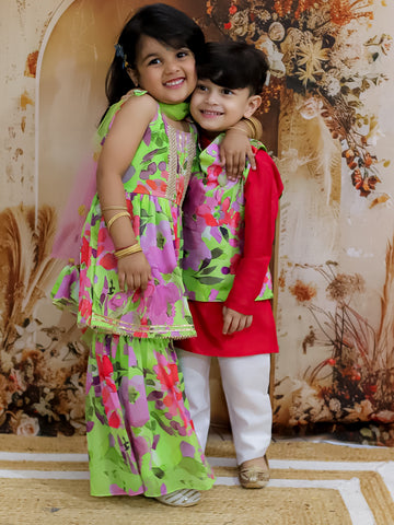 KID1 Spring Floral Sharara Set For Girls With Spring Floral Jacket Kurta Pyjama For Boys - Red & Green