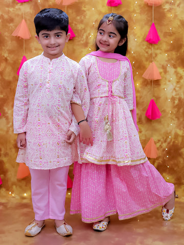 KID1 Anmol Kurti Sharara Set Pink For Girls With Anmol Kurta Pyjama For Boys - Pink