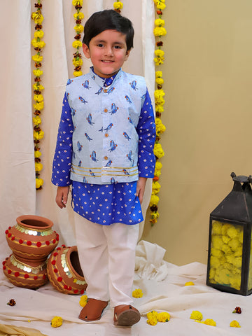 KID1 Printed Jacket with Kurta Pyjama Blue