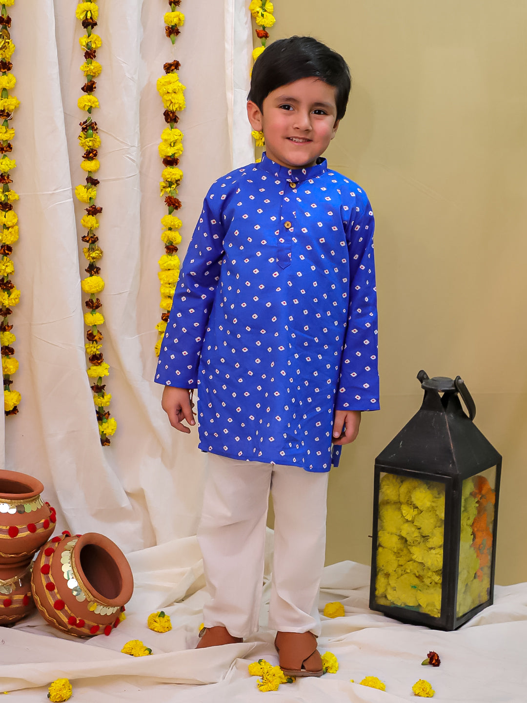 KID1 Printed Jacket with Kurta Pyjama Blue