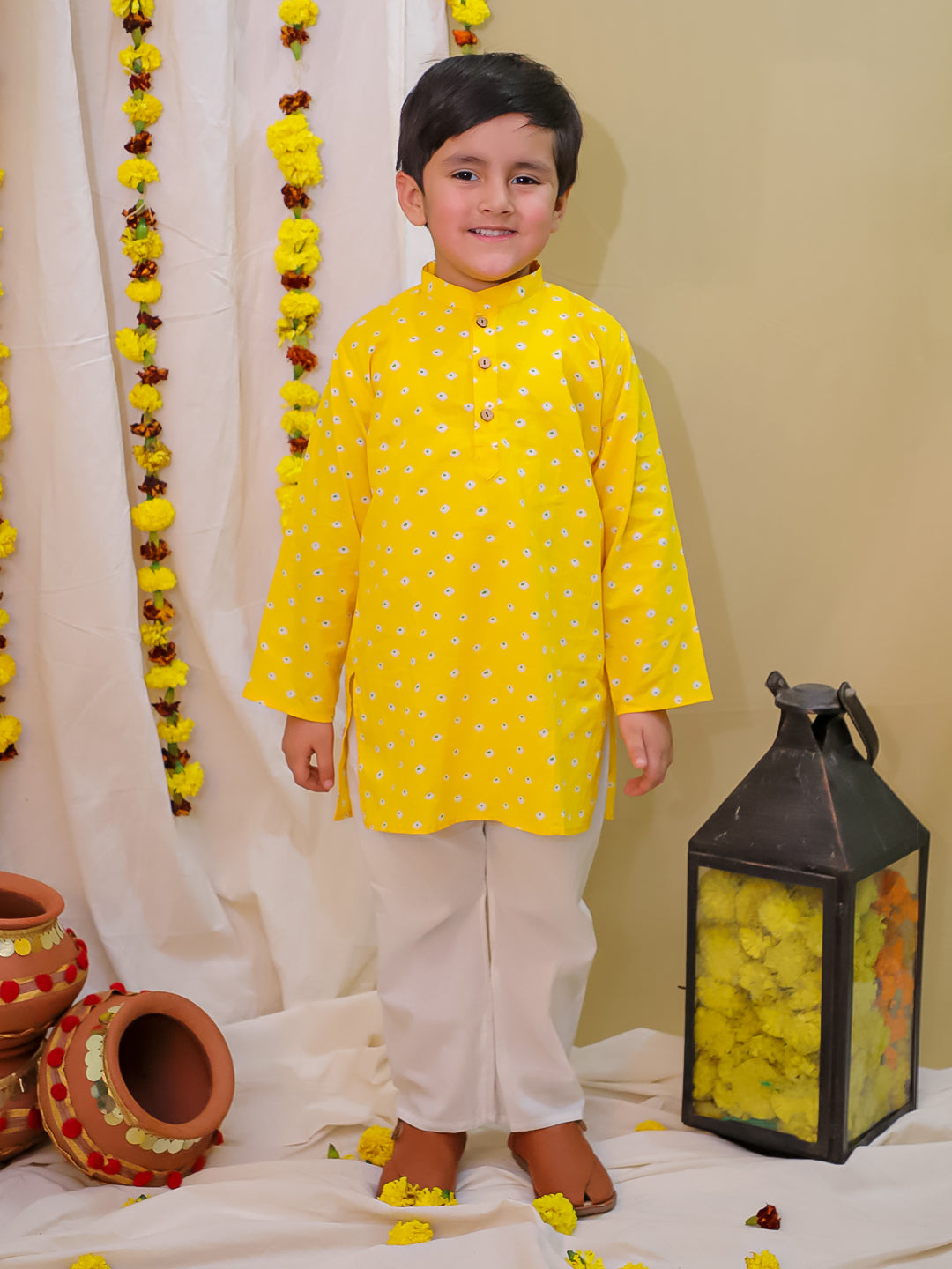 KID1 Printed Jacket with Kurta Pyjama Yellow