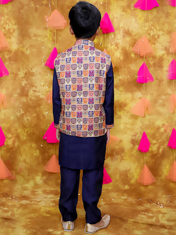 KID1 Digital Print Jacket With Solid Kurta Pyjama Navy Blue