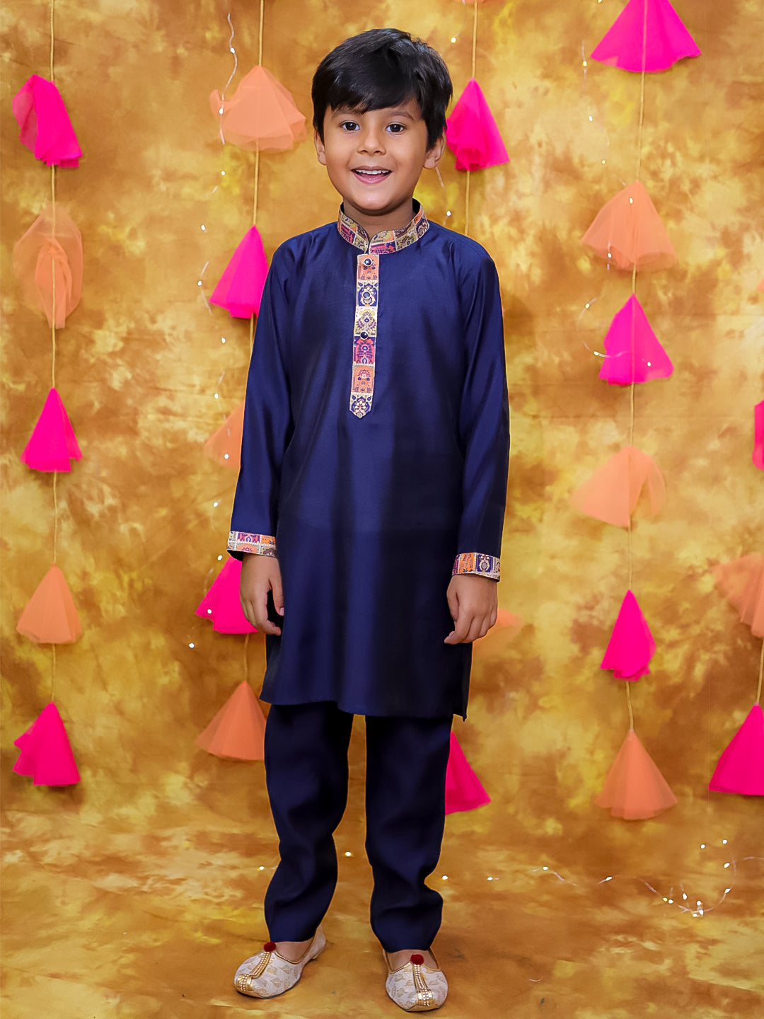 KID1 Digital Print Jacket With Solid Kurta Pyjama Navy Blue