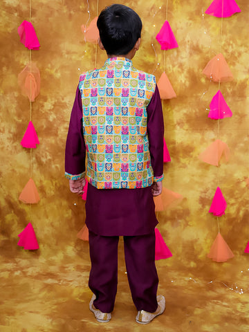 KID1 Digital Print Jacket With Solid Kurta Pyjama Purple