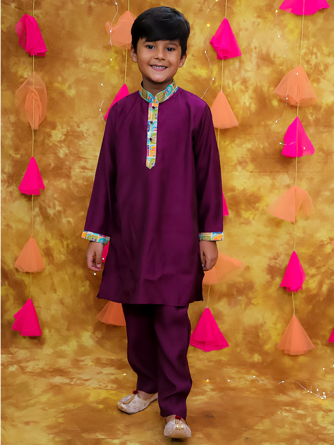 KID1 Digital Print Jacket With Solid Kurta Pyjama Purple