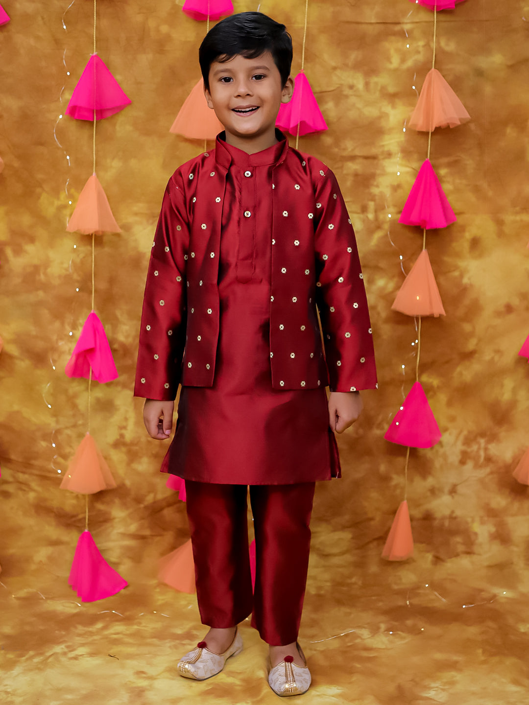 KID1 Zari Weave Jacket with Silk Kurta Pyjama Maroon