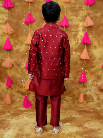 KID1 Zari Weave Jacket with Silk Kurta Pyjama Maroon