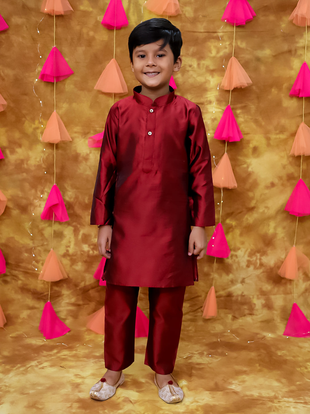 KID1 Zari Weave Jacket with Silk Kurta Pyjama Maroon