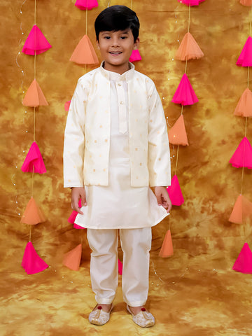 KID1 Zari Weave Jacket with Silk Kurta Pyjama Offwhite
