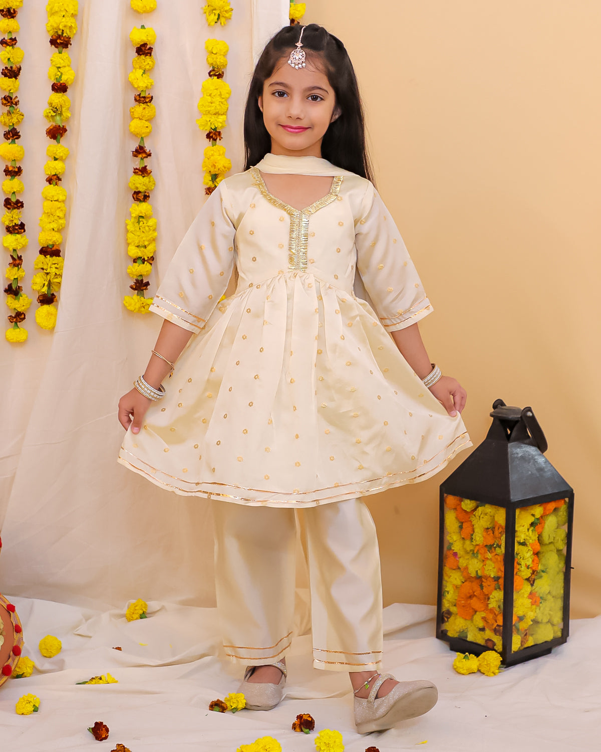KID1 Bindu Anarkali Pant Set For Girls With Zari Weave Jacket With Silk Kurta Pyjama For Boys - Offwhite
