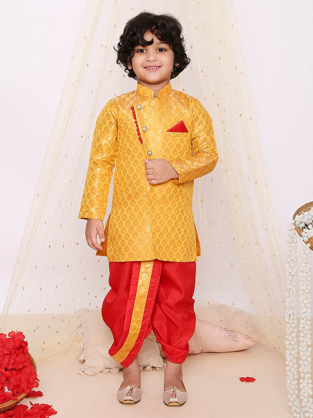 KID1 Festive Jacquard Sherwani Dhoti Yellow