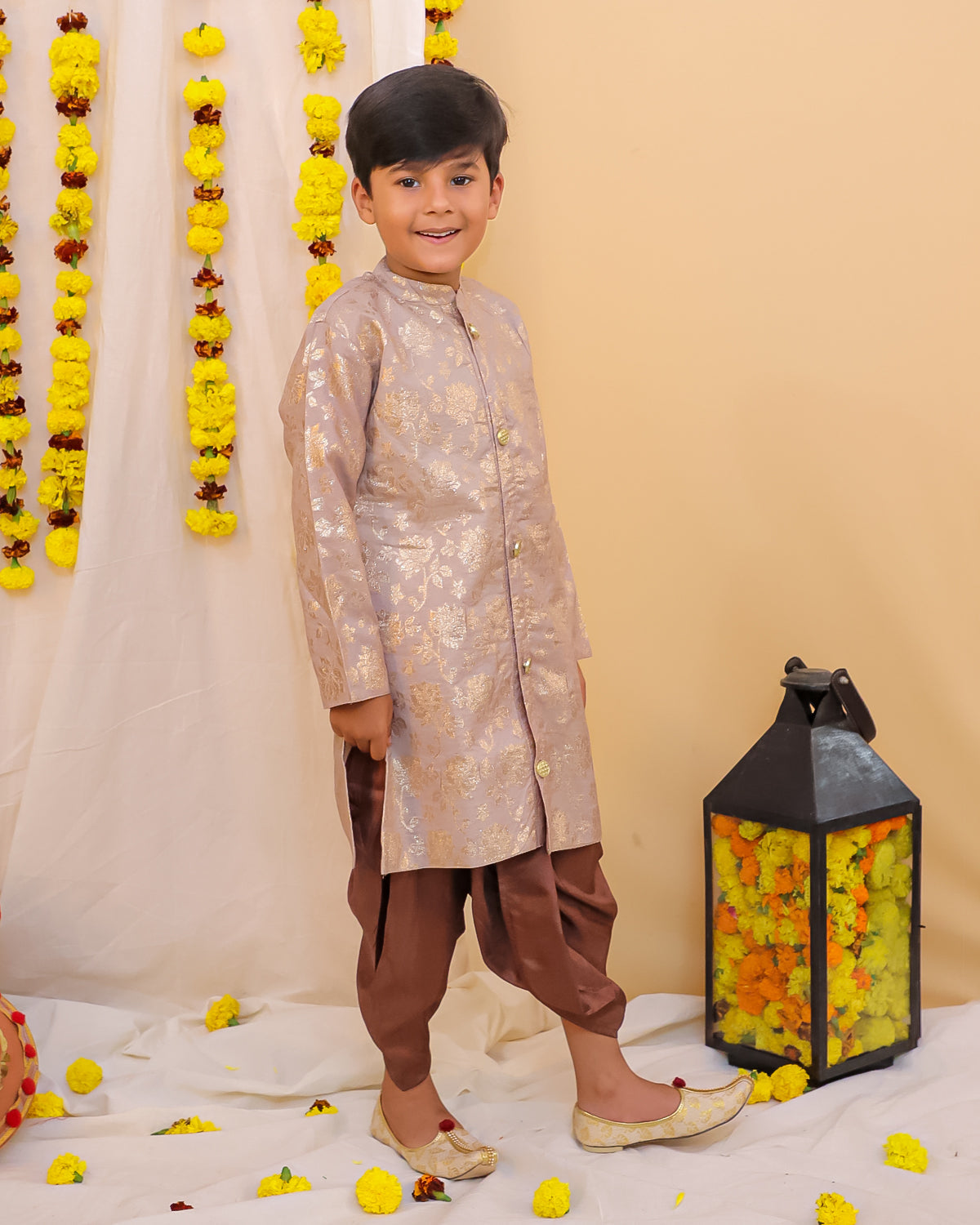 KID1 Chanderi Jacquard Sherwani Dhoti Set Beige