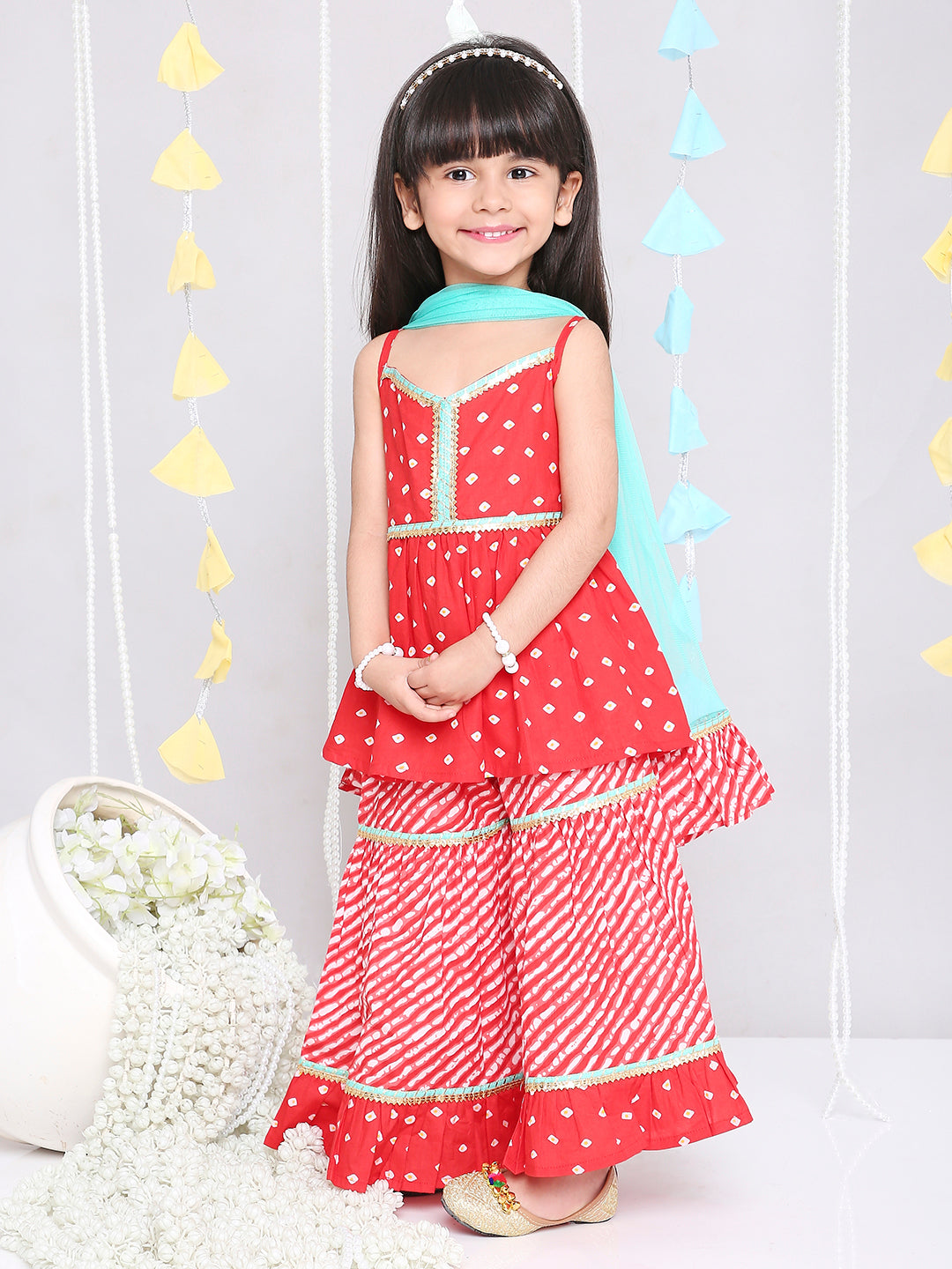 KID1 Chanda Bandhani Top Sharara Set Red