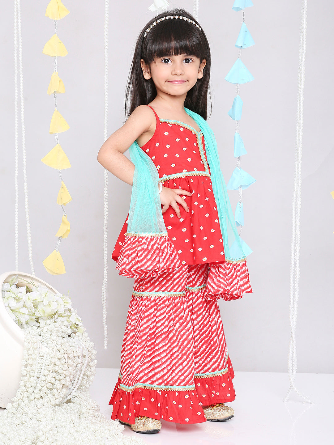 KID1 Chanda Bandhani Top Sharara Set Red