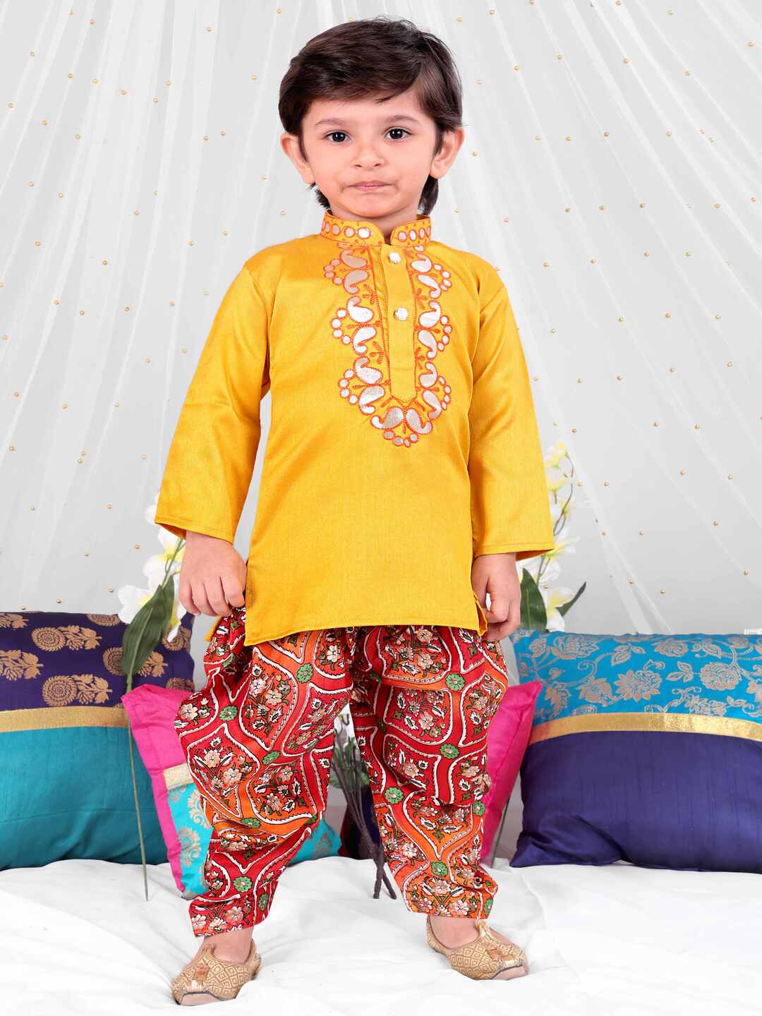KID1 Gota-Work Kurta with Dhoti Pants Yellow