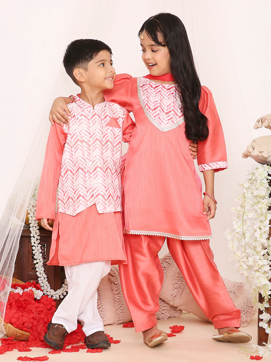 KID1 Simran Kurti Salwar Set For Girls With Samar Attached Jacket Kurta Pyjama For Boys - Peach