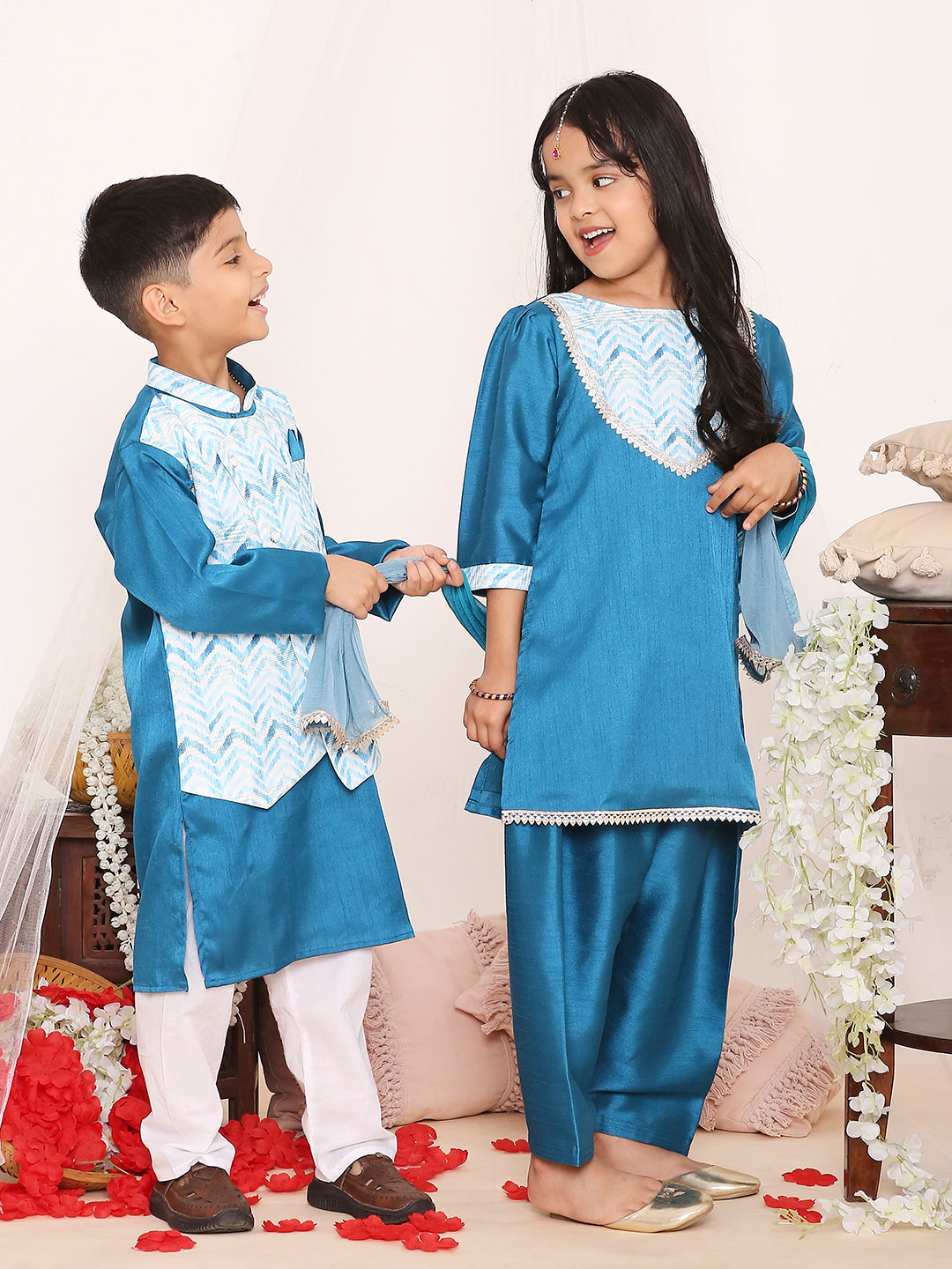 KID1 Simran Kurti Salwar Set For Girls With Samar Attached Jacket Kurta Pyjama For Boys - Blue