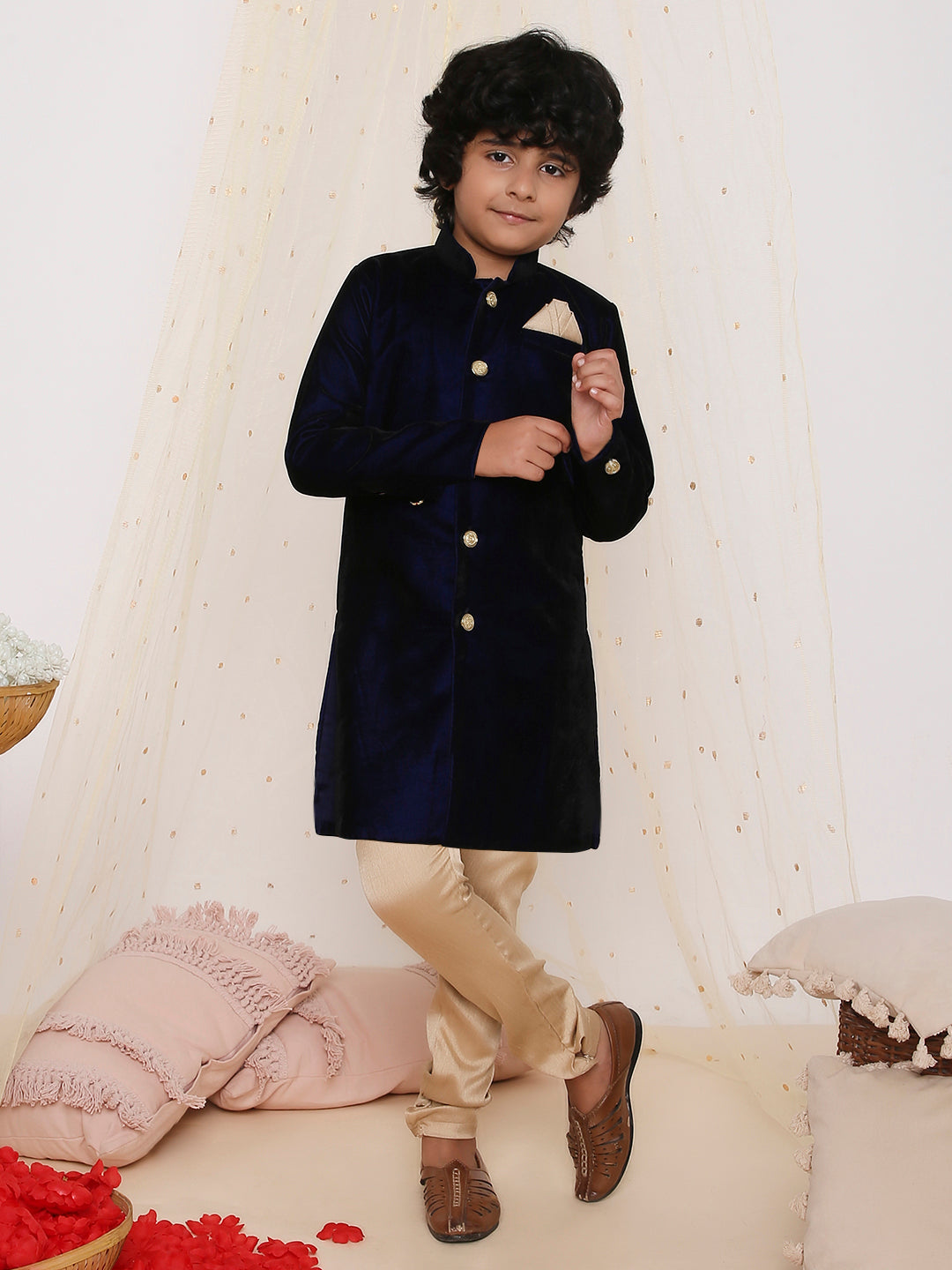 KID1 Royal Velvet Sherwani Set Blue