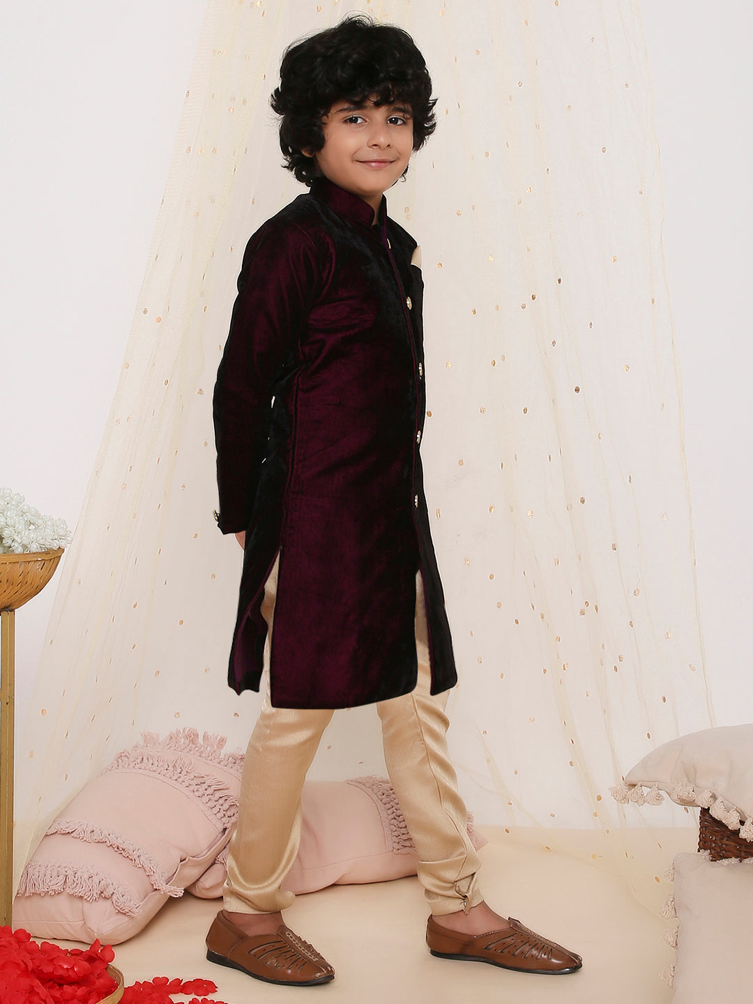 KID1 Royal Velvet Sherwani Set Purple