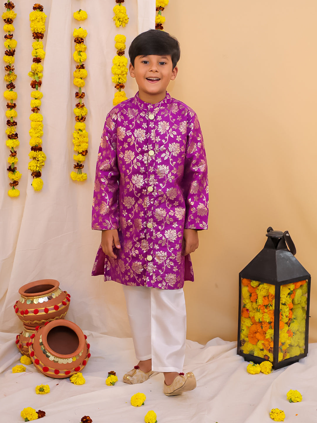 KID1 Chanderi Jacquard Sherwani Purple