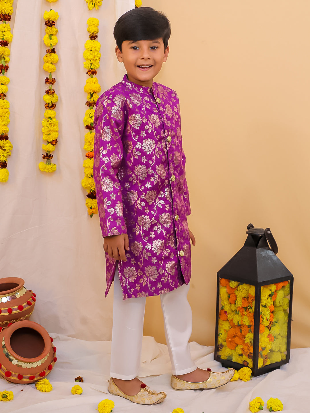 KID1 Chanderi Jacquard Sherwani Purple