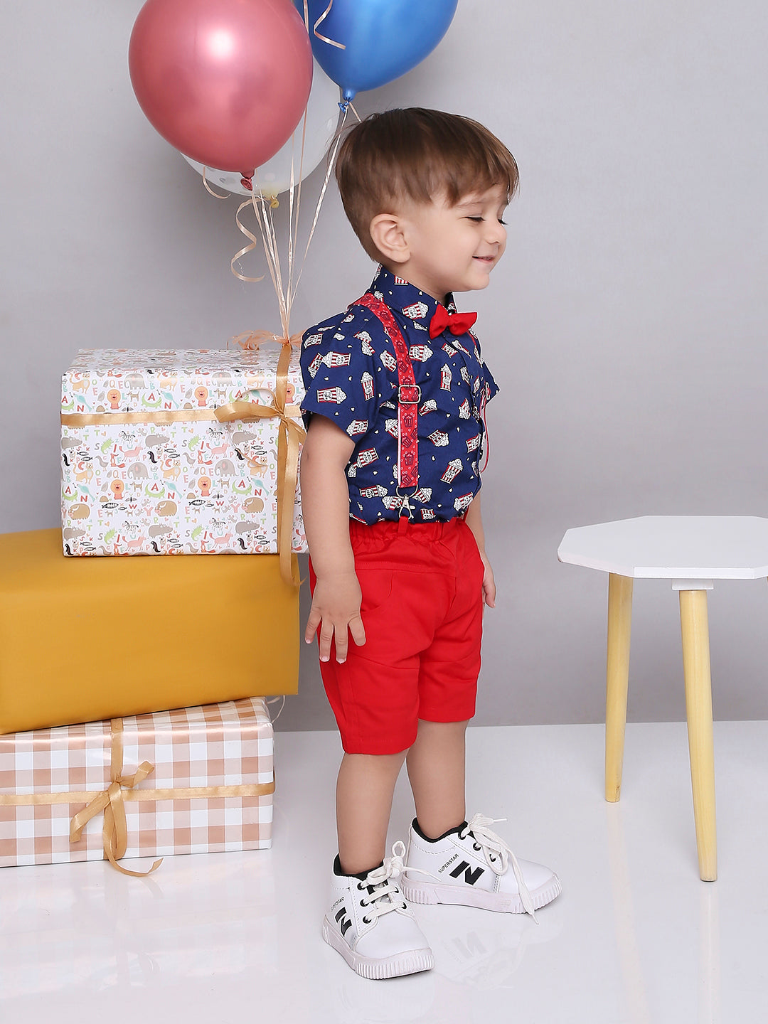KID1 Summer Shirt and Shorts Set With Bow Tie and Suspenders Blue