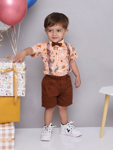 KID1 Summer Shirt and Shorts Set With Bow Tie and Suspenders Peach