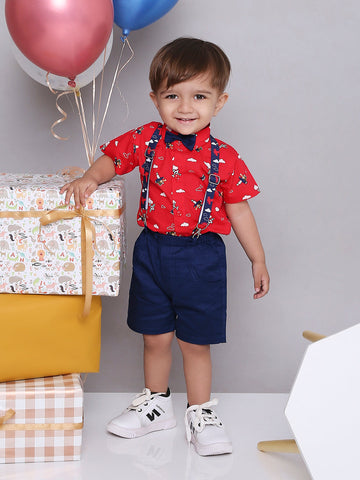 KID1 Summer Shirt and Shorts Set With Bow Tie and Suspenders Red