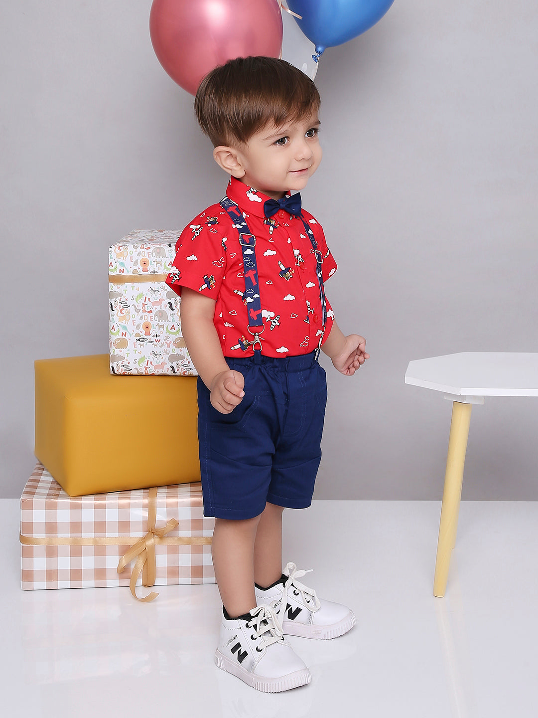 KID1 Summer Shirt and Shorts Set With Bow Tie and Suspenders Red