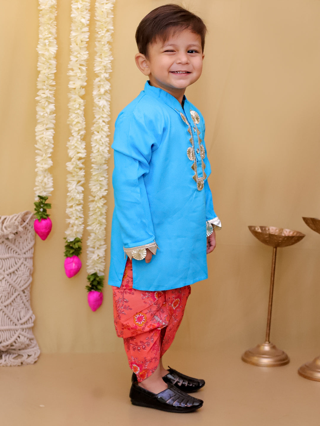 KID1 Kurta With Floral Dhoti Blue