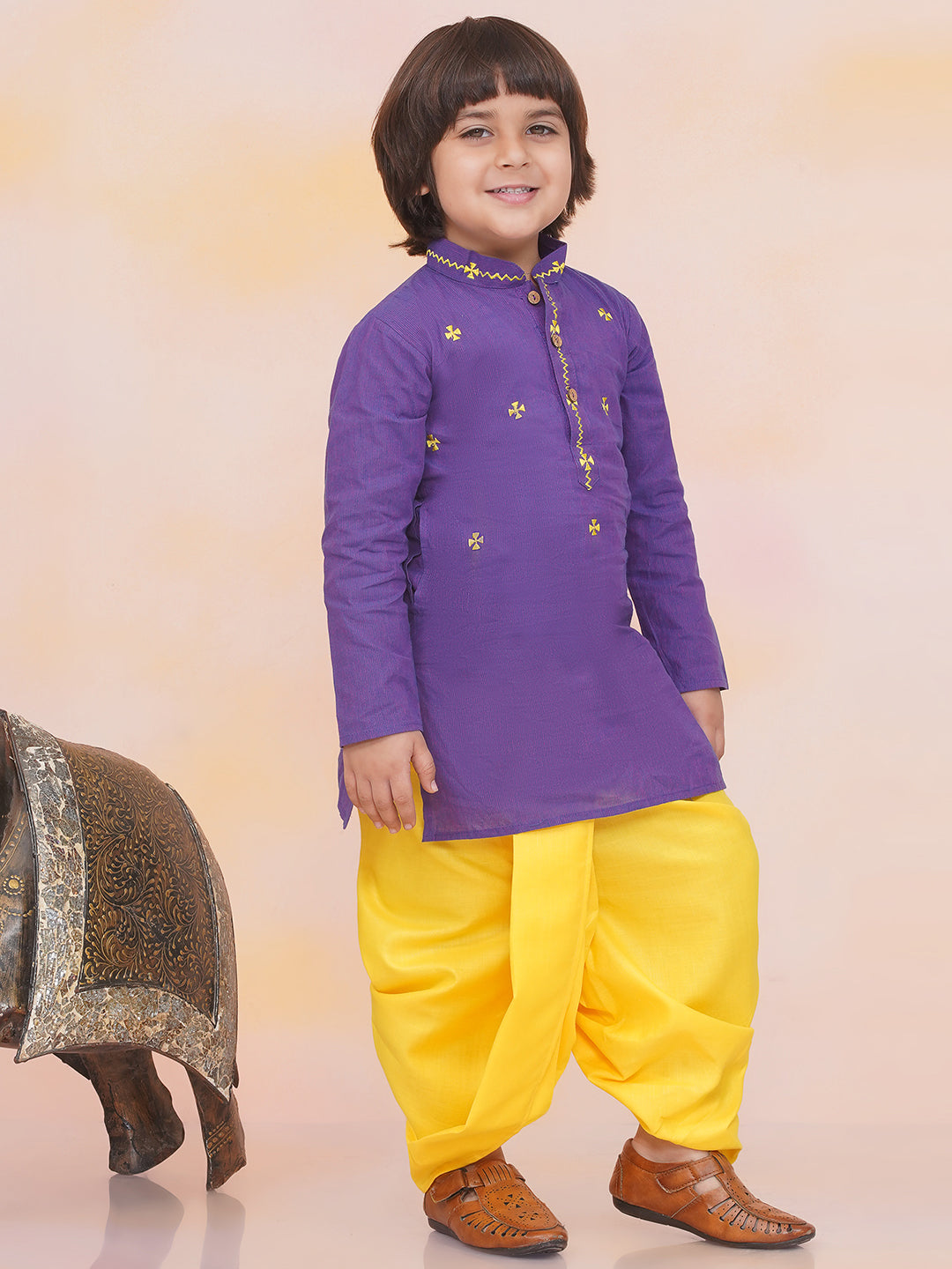 KID1 Aari Embroidered Handloom Kurta With Dhoti Purple