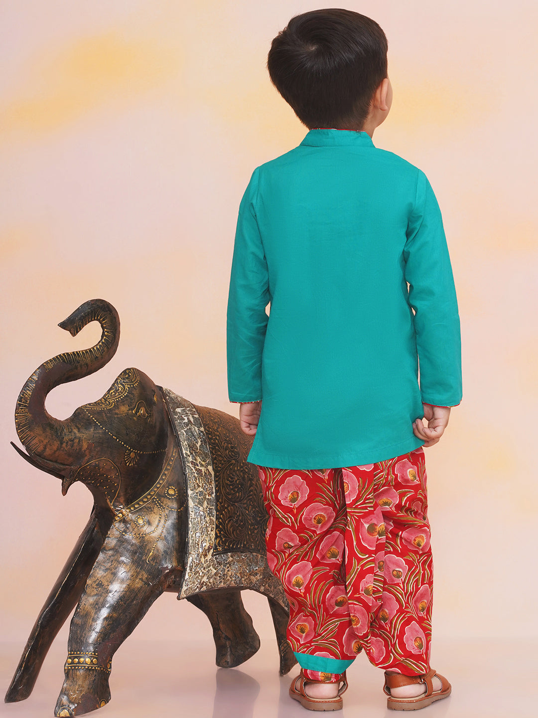 KID1 Leela Choli with Printed Lehenga & Crushed Dupatta For Girls With Morpankh Embroidered Dhoti Set For Boys - Green