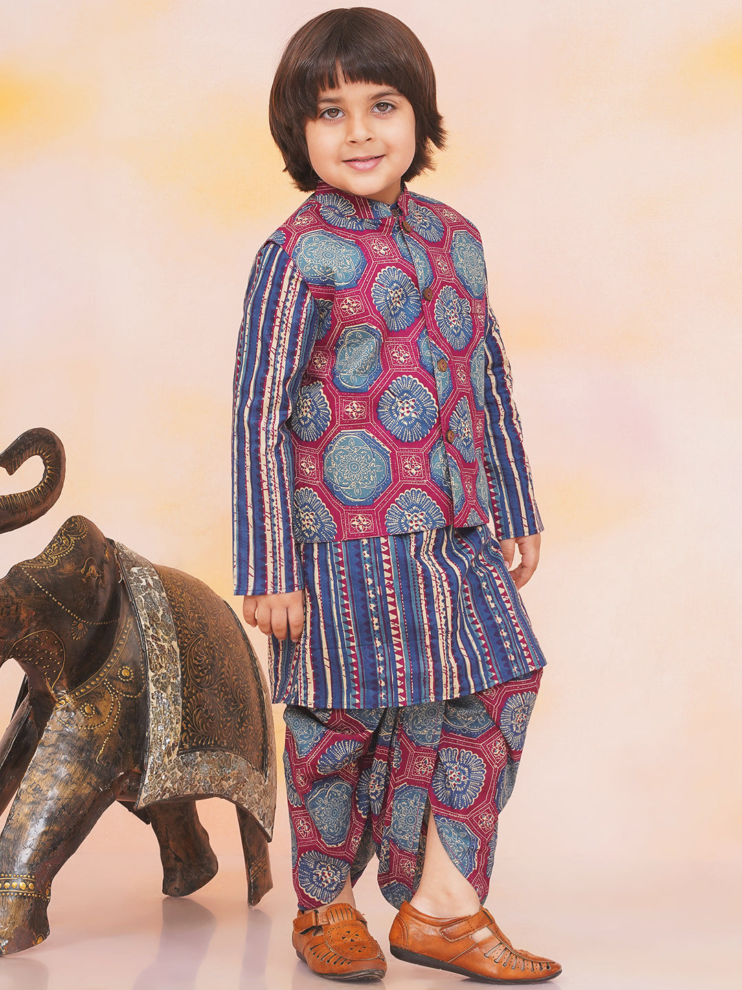 KID1 Floral Jacket With Motiff Printed Kurta And Dhoti Set Blue