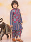 KID1 Floral Jacket With Motiff Printed Kurta And Dhoti Set Blue